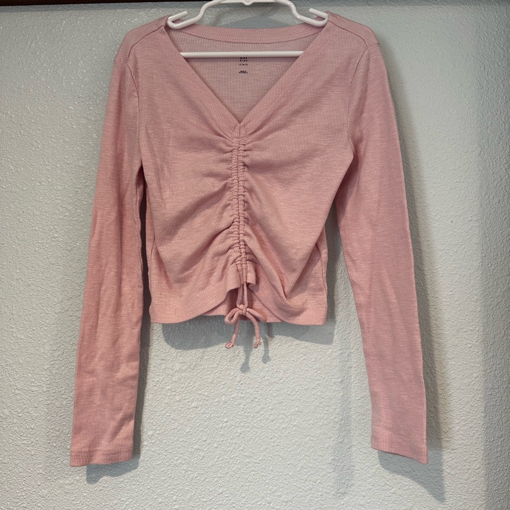GAP Pink Ruched Drawstring V-Neck Long Sleeve Top Kids Small (6-7)